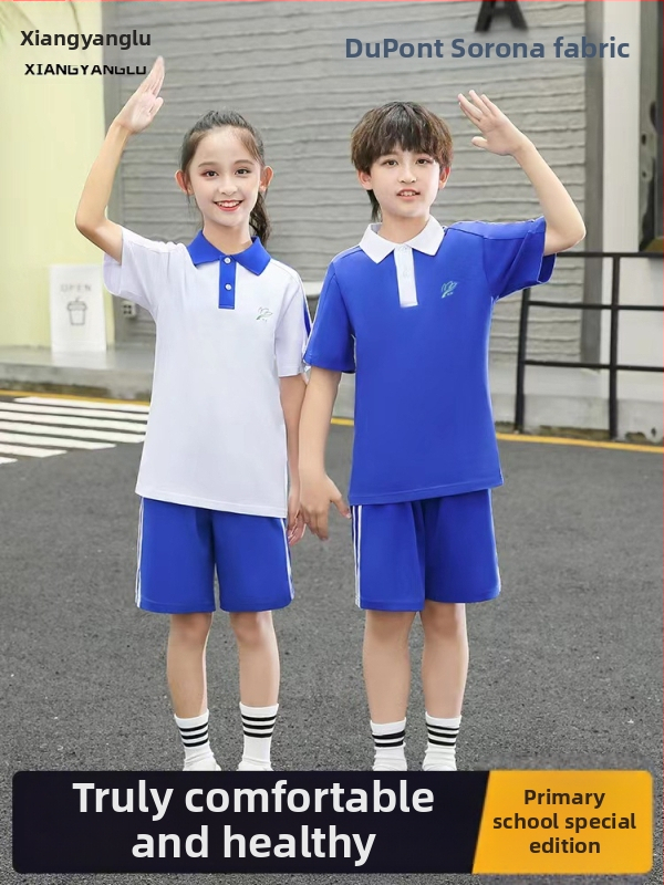 Vaikų mokyklos komplektas – trumpų rankovių palaidinė + kelnes, puloverio užsegimas, medvilnė 50–70%, megztas audinys, unisex, 3–8 metų