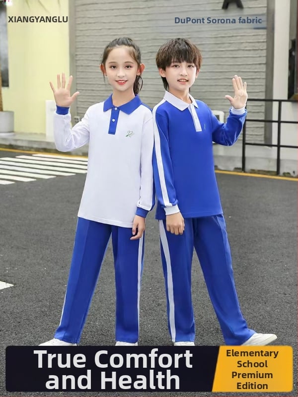 Vaikų mokyklos komplektas – trumpų rankovių palaidinė + kelnes, puloverio užsegimas, medvilnė 50–70%, megztas audinys, unisex, 3–8 metų