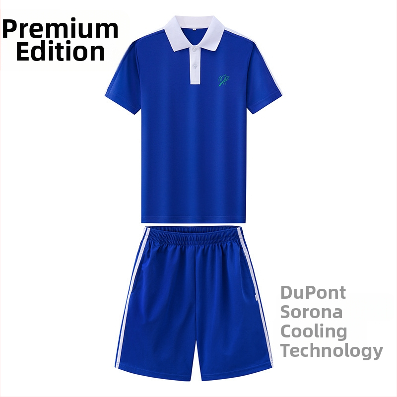 Vaikų mokyklos komplektas – trumpų rankovių palaidinė + kelnes, puloverio užsegimas, medvilnė 50–70%, megztas audinys, unisex, 3–8 metų