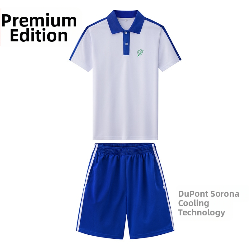 Vaikų mokyklos komplektas – trumpų rankovių palaidinė + kelnes, puloverio užsegimas, medvilnė 50–70%, megztas audinys, unisex, 3–8 metų