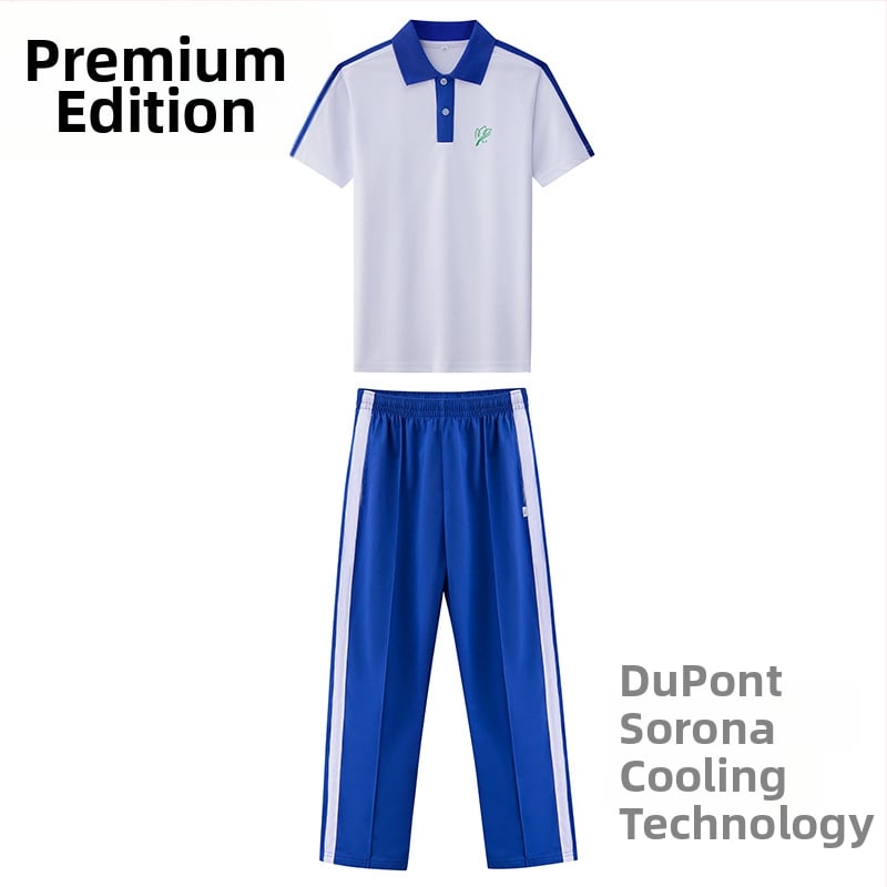 Vaikų mokyklos komplektas – trumpų rankovių palaidinė + kelnes, puloverio užsegimas, medvilnė 50–70%, megztas audinys, unisex, 3–8 metų