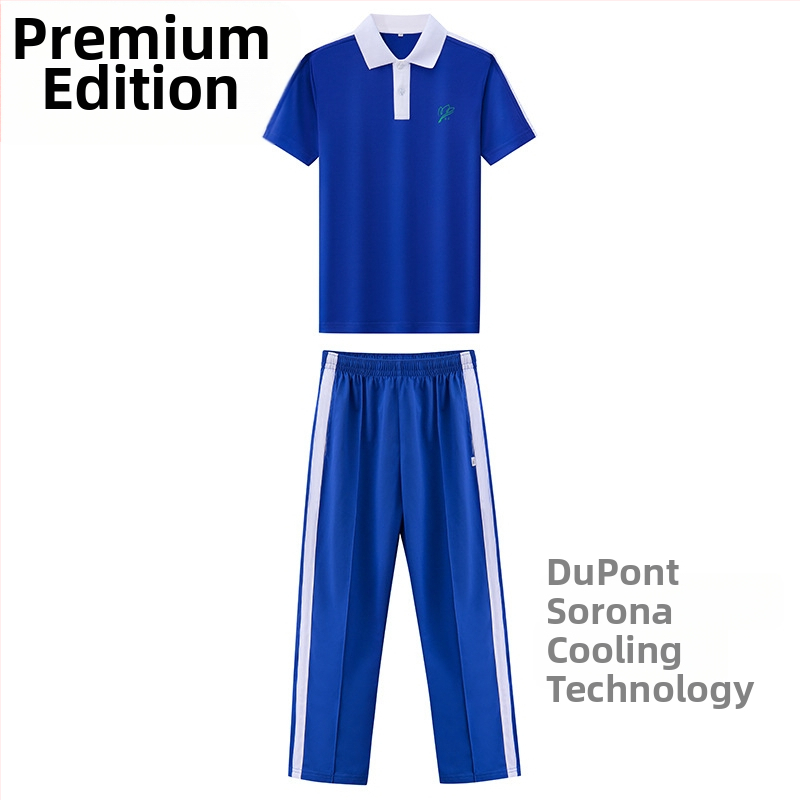 Vaikų mokyklos komplektas – trumpų rankovių palaidinė + kelnes, puloverio užsegimas, medvilnė 50–70%, megztas audinys, unisex, 3–8 metų