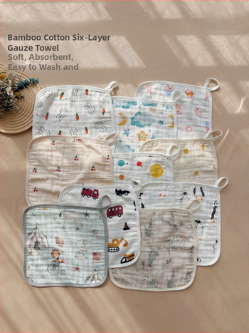 Dječji kvadratni ručnik od gaze, 6 slojeva | Bambus-pamučna smjesa 70/30 | Uzorak crtić | Upija vodu | Pogodno za novorođenčad do 6 godina