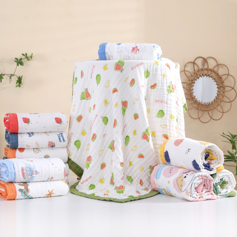 Dječji ručnik za kupanje od 100% pamuka, šestoslojna gaza seersucker, otisak, široka obruba, mekano upijanje, mogućnost loga, težina 300-400 g