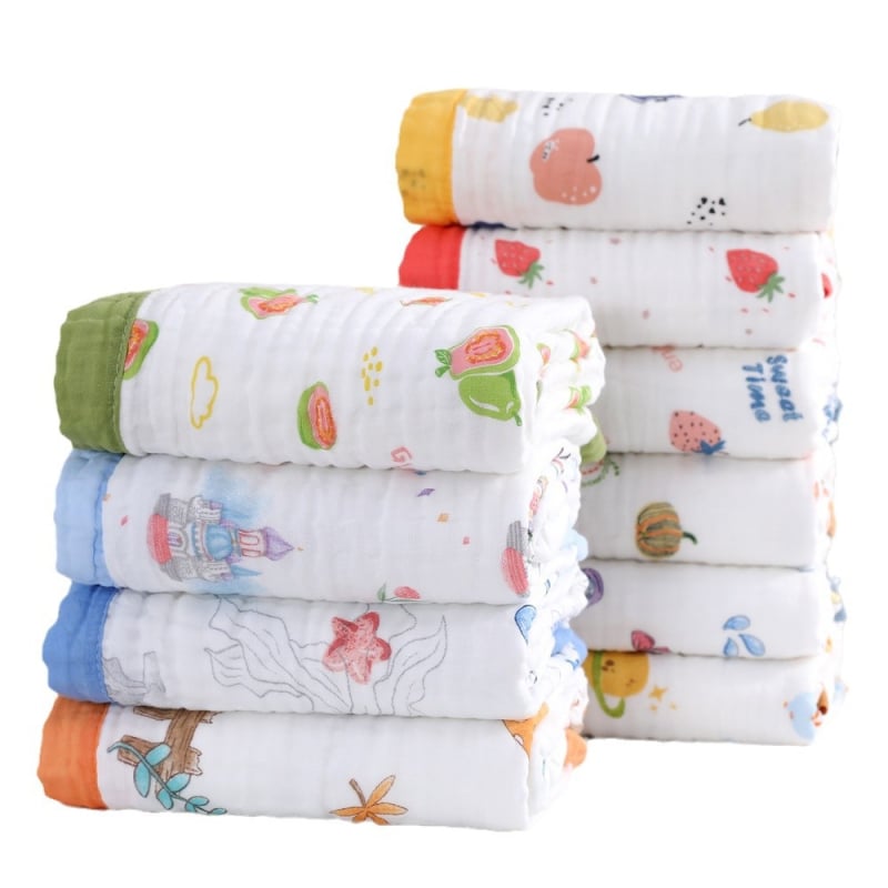 Dječji ručnik za kupanje od 100% pamuka, šestoslojna gaza seersucker, otisak, široka obruba, mekano upijanje, mogućnost loga, težina 300-400 g