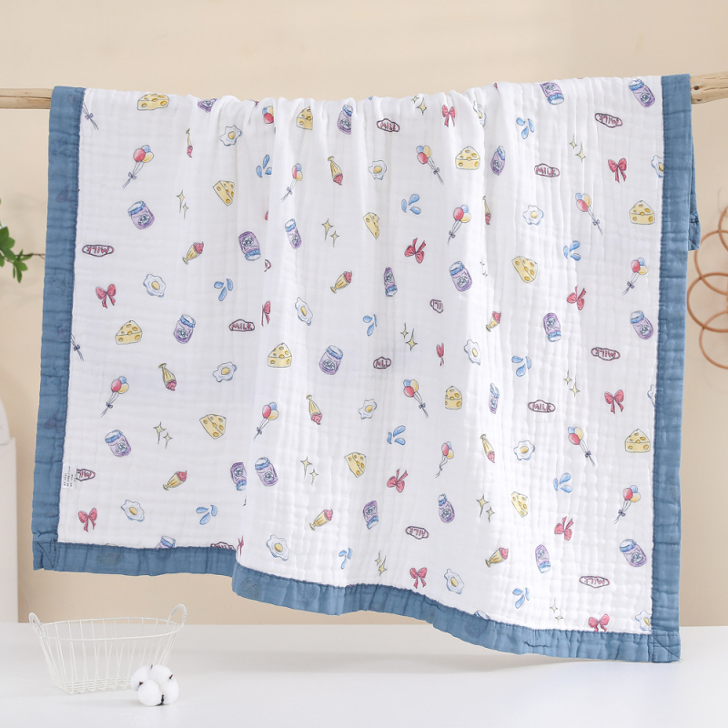 Dječji ručnik za kupanje od 100% pamuka, šestoslojna gaza seersucker, otisak, široka obruba, mekano upijanje, mogućnost loga, težina 300-400 g