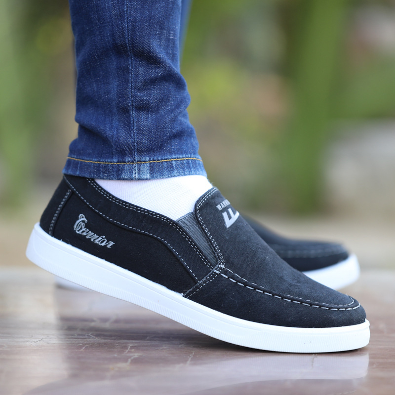 Vyrų kvėpuojančios drobinės Slip-On bateliai — žemas viršus, gumos padas, laisvalaikio stilius