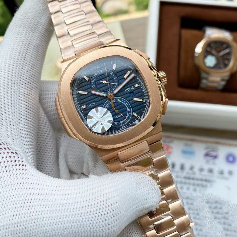 Nautilus'i mudel, täielikult automaatne mehaaniline käekell, ruudukujuline dial, roostevabast terasest korpus ja rihm, veekindel kuni 100 m