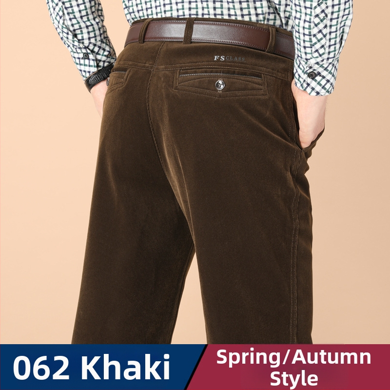 Vyriski žieminiai kasdieniai kelniai iš Corduroy su fleece pamušalu, aukštas liemuo, tiesus kirpimas, užtrauktukas