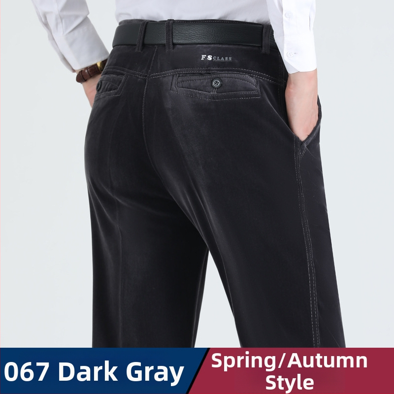 Vyriski žieminiai kasdieniai kelniai iš Corduroy su fleece pamušalu, aukštas liemuo, tiesus kirpimas, užtrauktukas