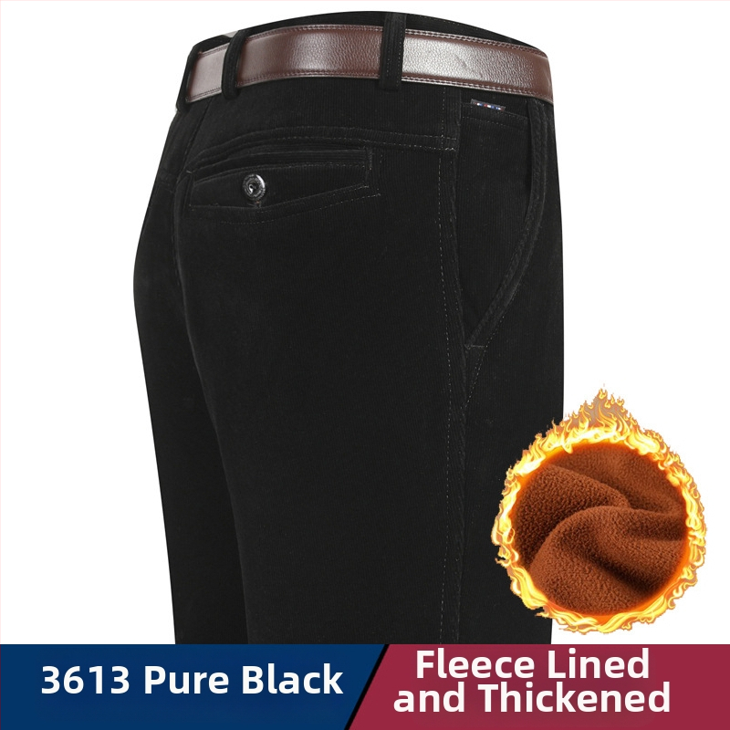 Vyriski žieminiai kasdieniai kelniai iš Corduroy su fleece pamušalu, aukštas liemuo, tiesus kirpimas, užtrauktukas