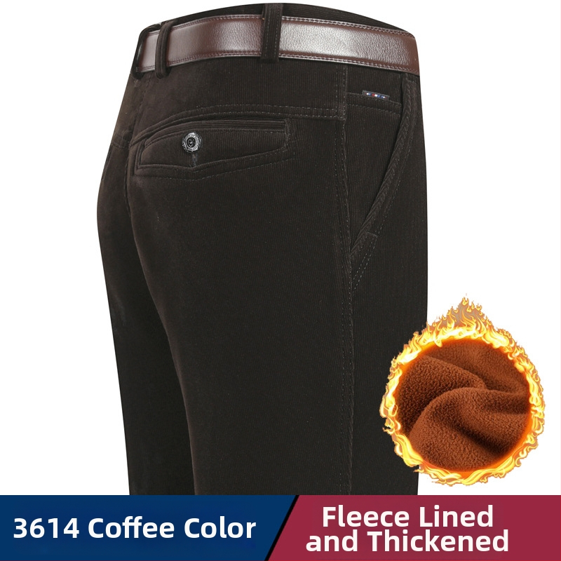 Vyriski žieminiai kasdieniai kelniai iš Corduroy su fleece pamušalu, aukštas liemuo, tiesus kirpimas, užtrauktukas