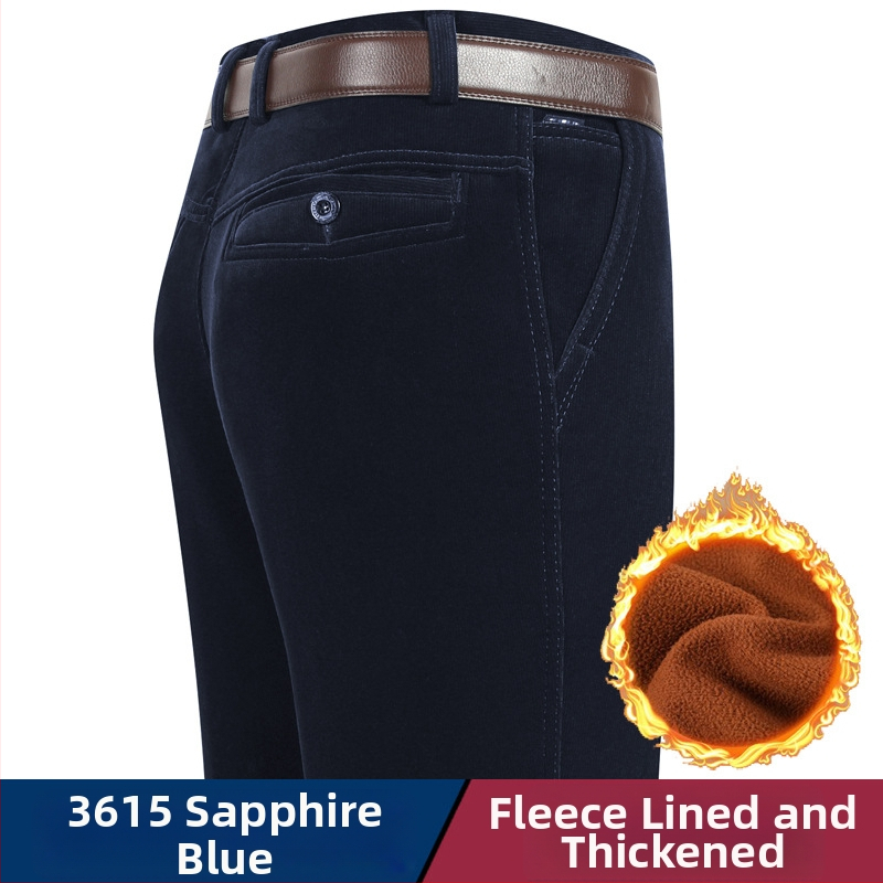 Vyriski žieminiai kasdieniai kelniai iš Corduroy su fleece pamušalu, aukštas liemuo, tiesus kirpimas, užtrauktukas