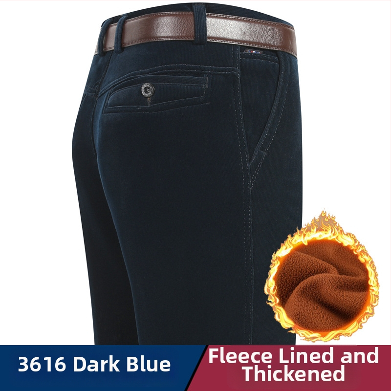 Vyriski žieminiai kasdieniai kelniai iš Corduroy su fleece pamušalu, aukštas liemuo, tiesus kirpimas, užtrauktukas