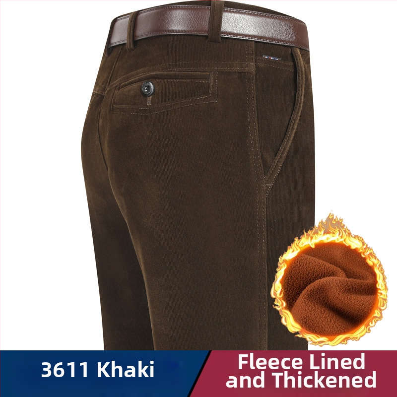 Vyriski žieminiai kasdieniai kelniai iš Corduroy su fleece pamušalu, aukštas liemuo, tiesus kirpimas, užtrauktukas