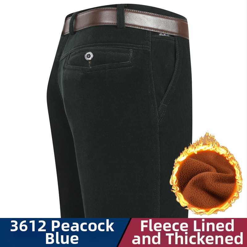 Vyriski žieminiai kasdieniai kelniai iš Corduroy su fleece pamušalu, aukštas liemuo, tiesus kirpimas, užtrauktukas