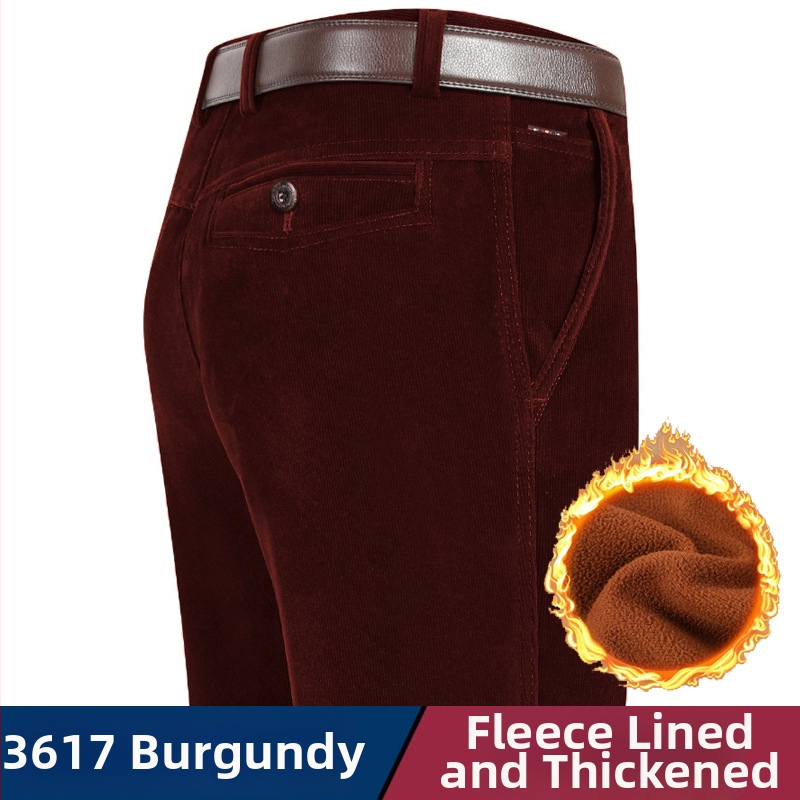 Vyriski žieminiai kasdieniai kelniai iš Corduroy su fleece pamušalu, aukštas liemuo, tiesus kirpimas, užtrauktukas