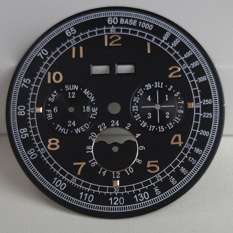 Laikrodžio priedas refitui su šešiais rodykliais, mėnulio faze ir püsikalendoriumi, skirtas verslo laikrodžiams