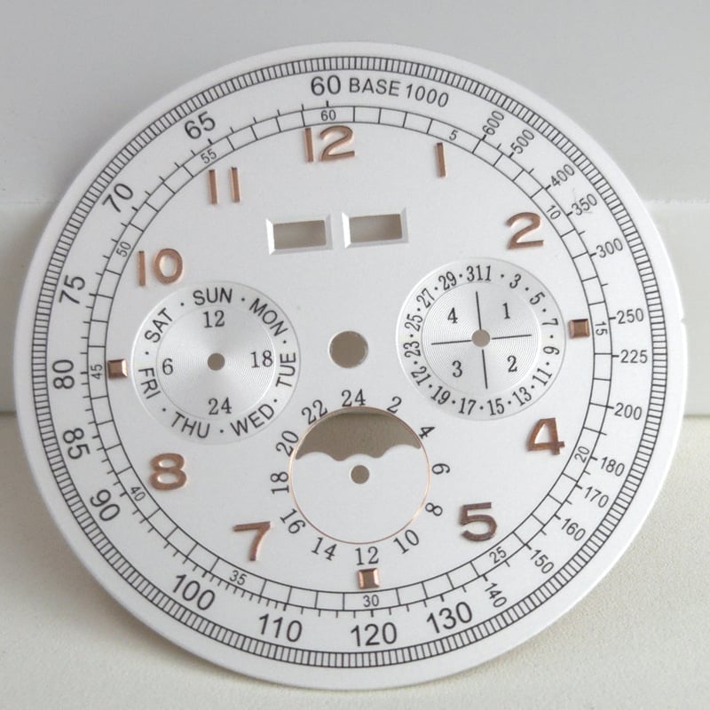 Laikrodžio priedas refitui su šešiais rodykliais, mėnulio faze ir püsikalendoriumi, skirtas verslo laikrodžiams