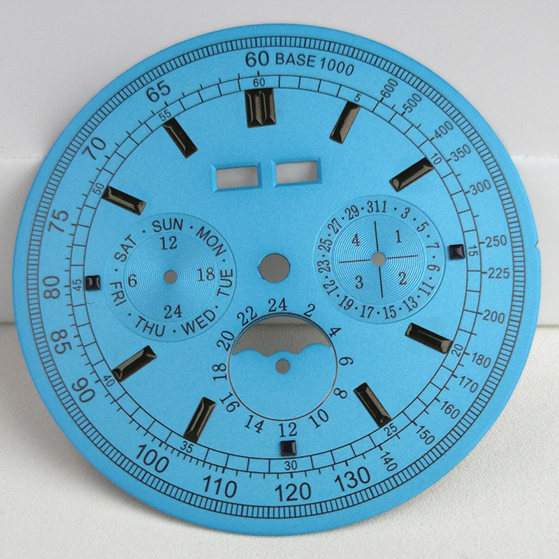 Laikrodžio priedas refitui su šešiais rodykliais, mėnulio faze ir püsikalendoriumi, skirtas verslo laikrodžiams