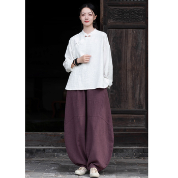 Moterų Zen meditacijų komplektas – Kinų stiliaus pasviręs kaklas viršuje iš ramie ir kokvilnos mišinio (70–80% ramie, 30–50% kokvilnos) 2025 ruduo