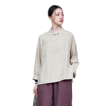 Moterų Zen meditacijų komplektas – Kinų stiliaus pasviręs kaklas viršuje iš ramie ir kokvilnos mišinio (70–80% ramie, 30–50% kokvilnos) 2025 ruduo