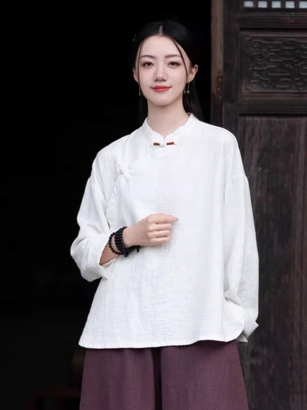 Moterų Zen meditacijų komplektas – Kinų stiliaus pasviręs kaklas viršuje iš ramie ir kokvilnos mišinio (70–80% ramie, 30–50% kokvilnos) 2025 ruduo