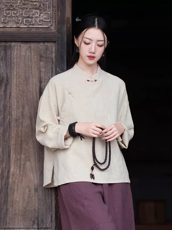 Moterų Zen meditacijų komplektas – Kinų stiliaus pasviręs kaklas viršuje iš ramie ir kokvilnos mišinio (70–80% ramie, 30–50% kokvilnos) 2025 ruduo