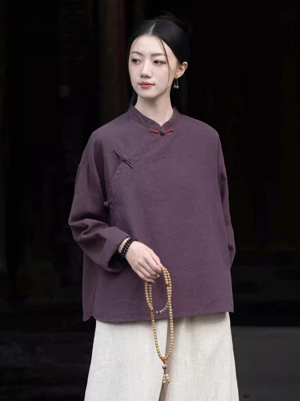 Moterų Zen meditacijų komplektas – Kinų stiliaus pasviręs kaklas viršuje iš ramie ir kokvilnos mišinio (70–80% ramie, 30–50% kokvilnos) 2025 ruduo