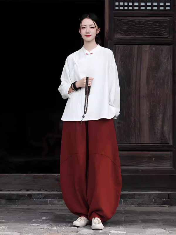 Moterų Zen meditacijų komplektas – Kinų stiliaus pasviręs kaklas viršuje iš ramie ir kokvilnos mišinio (70–80% ramie, 30–50% kokvilnos) 2025 ruduo