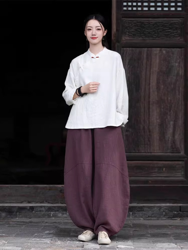 Moterų Zen meditacijų komplektas – Kinų stiliaus pasviręs kaklas viršuje iš ramie ir kokvilnos mišinio (70–80% ramie, 30–50% kokvilnos) 2025 ruduo