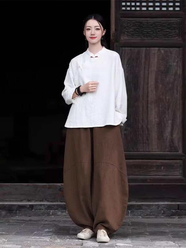 Moterų Zen meditacijų komplektas – Kinų stiliaus pasviręs kaklas viršuje iš ramie ir kokvilnos mišinio (70–80% ramie, 30–50% kokvilnos) 2025 ruduo