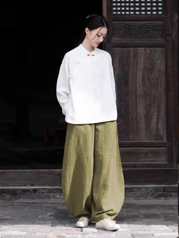 Moterų Zen meditacijų komplektas – Kinų stiliaus pasviręs kaklas viršuje iš ramie ir kokvilnos mišinio (70–80% ramie, 30–50% kokvilnos) 2025 ruduo