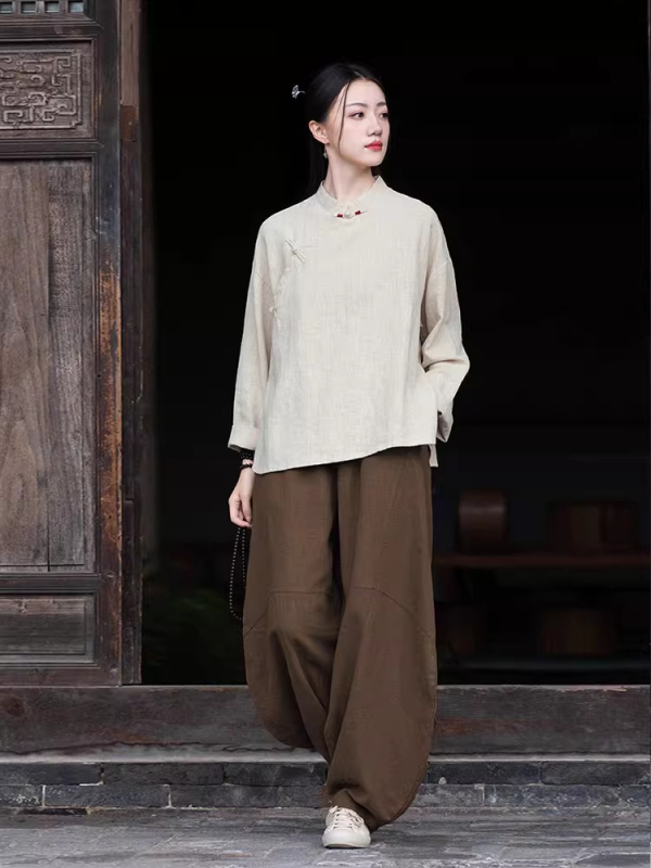 Moterų Zen meditacijų komplektas – Kinų stiliaus pasviręs kaklas viršuje iš ramie ir kokvilnos mišinio (70–80% ramie, 30–50% kokvilnos) 2025 ruduo