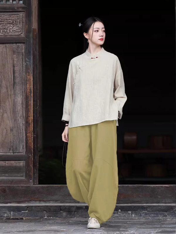 Moterų Zen meditacijų komplektas – Kinų stiliaus pasviręs kaklas viršuje iš ramie ir kokvilnos mišinio (70–80% ramie, 30–50% kokvilnos) 2025 ruduo