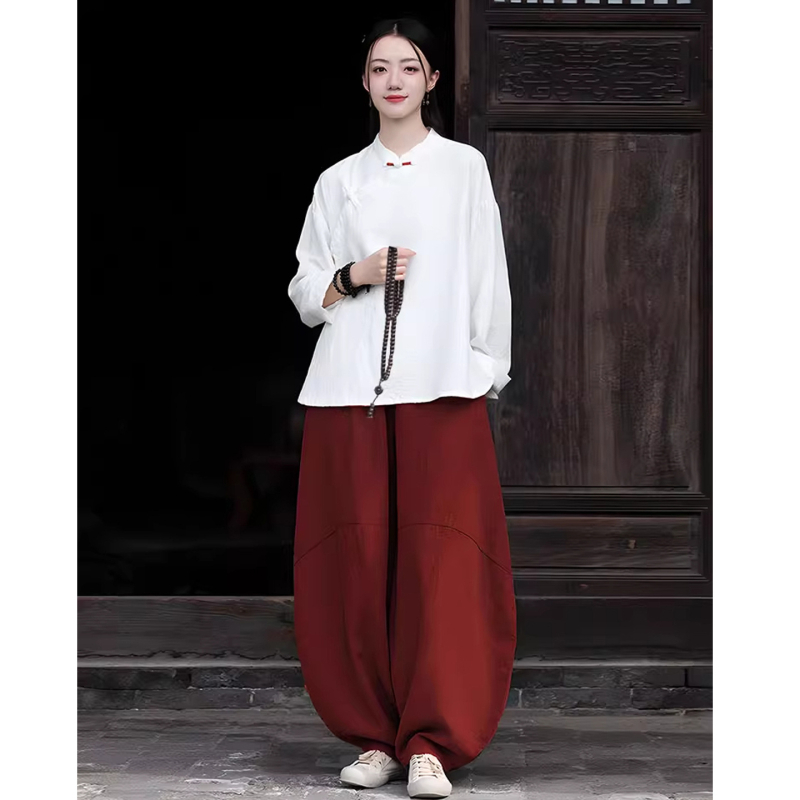 Moterų Zen meditacijų komplektas – Kinų stiliaus pasviręs kaklas viršuje iš ramie ir kokvilnos mišinio (70–80% ramie, 30–50% kokvilnos) 2025 ruduo