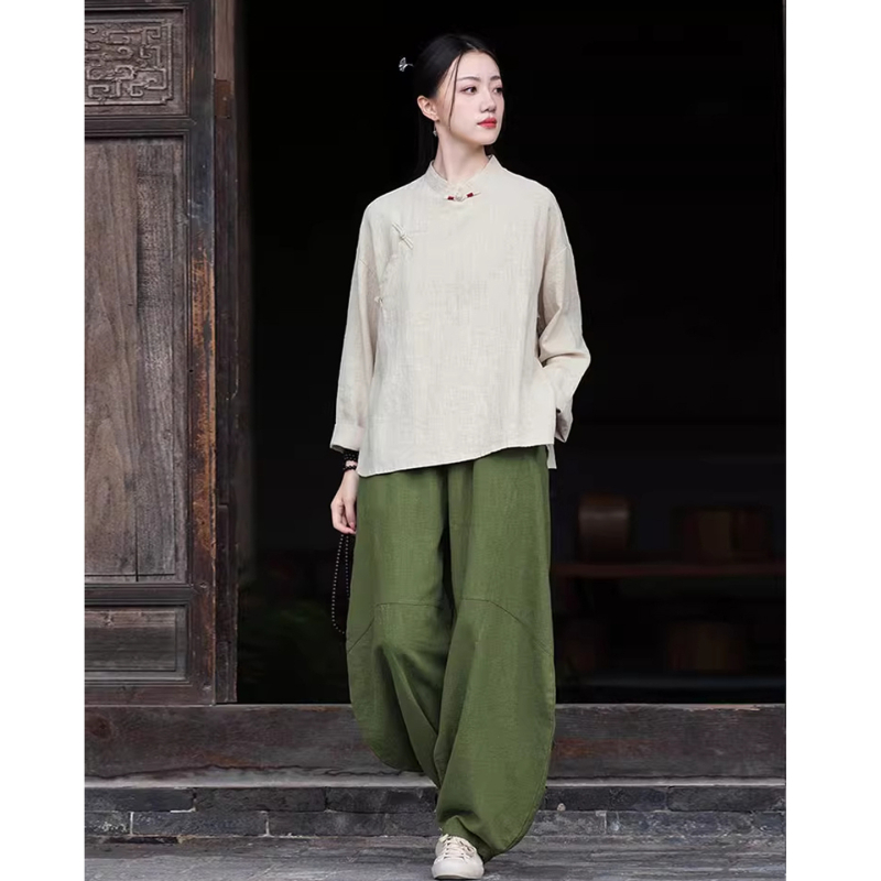 Moterų Zen meditacijų komplektas – Kinų stiliaus pasviręs kaklas viršuje iš ramie ir kokvilnos mišinio (70–80% ramie, 30–50% kokvilnos) 2025 ruduo