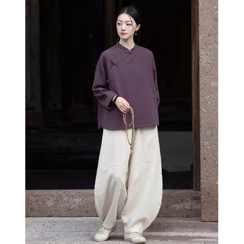 Moterų Zen meditacijų komplektas – Kinų stiliaus pasviręs kaklas viršuje iš ramie ir kokvilnos mišinio (70–80% ramie, 30–50% kokvilnos) 2025 ruduo