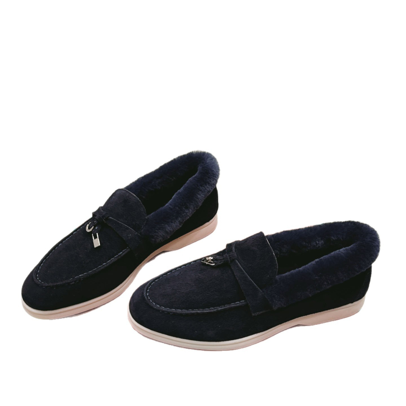 Téli slip-on loaferek nőknek, szőrös belsővel, gyapjú bélés, felső rész juh velúr, alacsony sarok