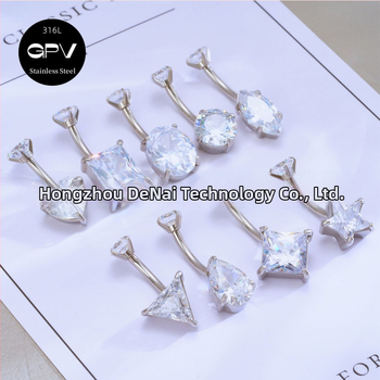 Köldökgyűrű titániumötvözetből, szív alakú, cirkón kövek négyszög, téglalap, háromszög, kör vagy szív formában