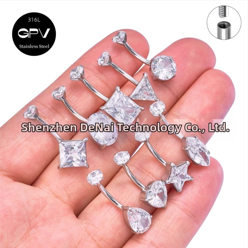 Köldökgyűrű titániumötvözetből, szív alakú, cirkón kövek négyszög, téglalap, háromszög, kör vagy szív formában