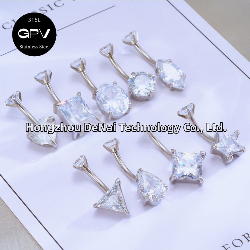 Пъпна халка от титаниева сплав, сърцевидна форма, циркон камъни в квадратни, правоъгълни, триъгъгълни, кръгли или сърцевидни форми