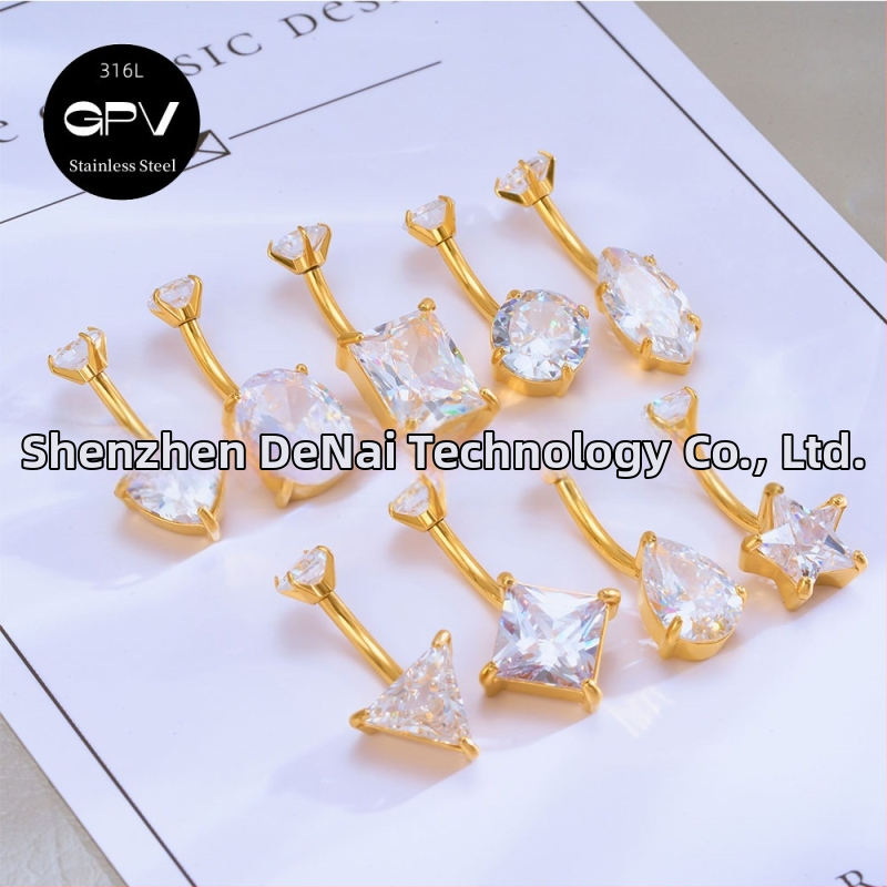 Пъпна халка от титаниева сплав, сърцевидна форма, циркон камъни в квадратни, правоъгълни, триъгъгълни, кръгли или сърцевидни форми