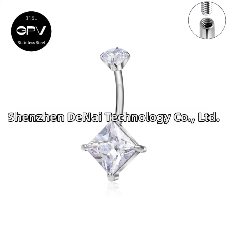 Köldökgyűrű titániumötvözetből, szív alakú, cirkón kövek négyszög, téglalap, háromszög, kör vagy szív formában