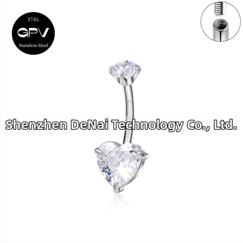 Köldökgyűrű titániumötvözetből, szív alakú, cirkón kövek négyszög, téglalap, háromszög, kör vagy szív formában