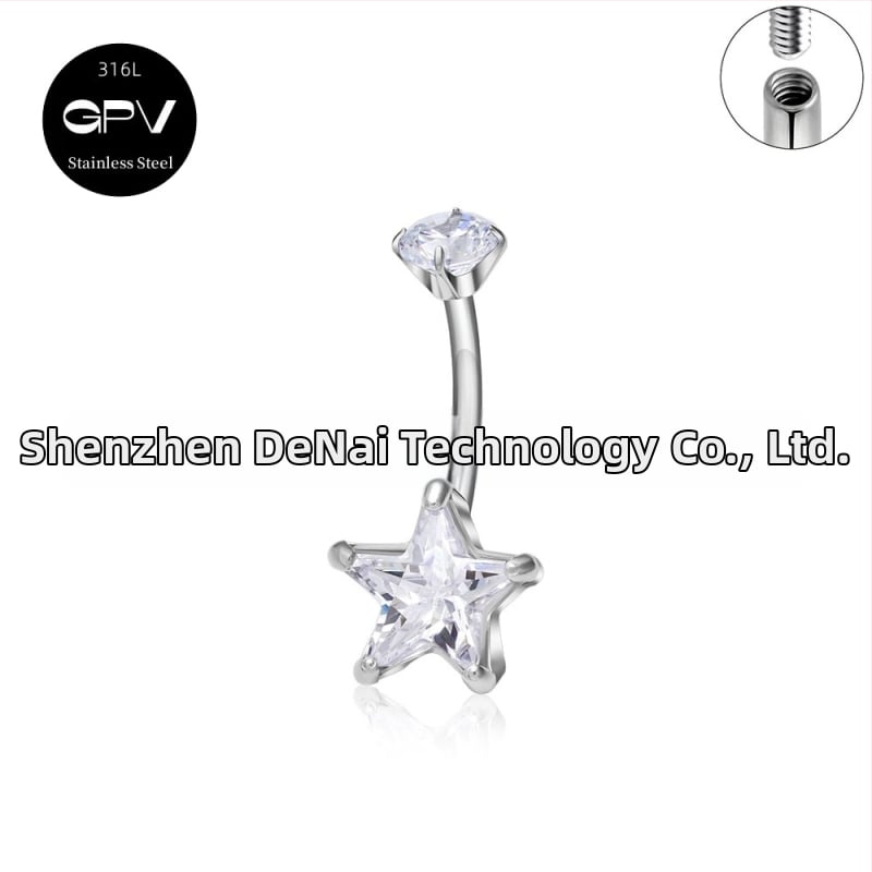 Köldökgyűrű titániumötvözetből, szív alakú, cirkón kövek négyszög, téglalap, háromszög, kör vagy szív formában