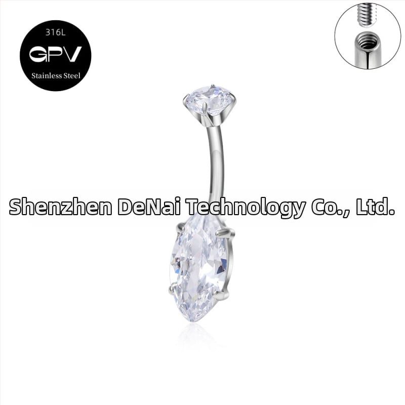 Köldökgyűrű titániumötvözetből, szív alakú, cirkón kövek négyszög, téglalap, háromszög, kör vagy szív formában