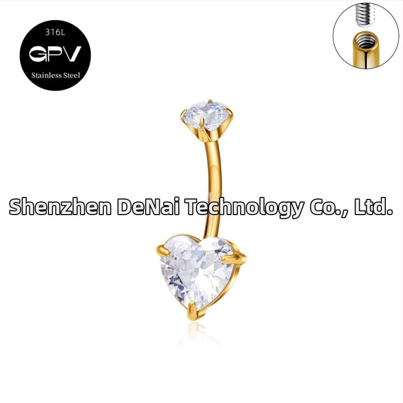 Köldökgyűrű titániumötvözetből, szív alakú, cirkón kövek négyszög, téglalap, háromszög, kör vagy szív formában