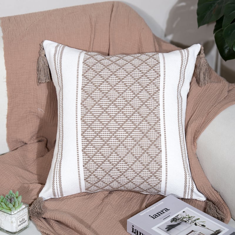 Perna Jacquard cu ciucuri – pătrată, husă din poliester-cotton, umplutură PP, proces personalizabil, stil modern minimalist