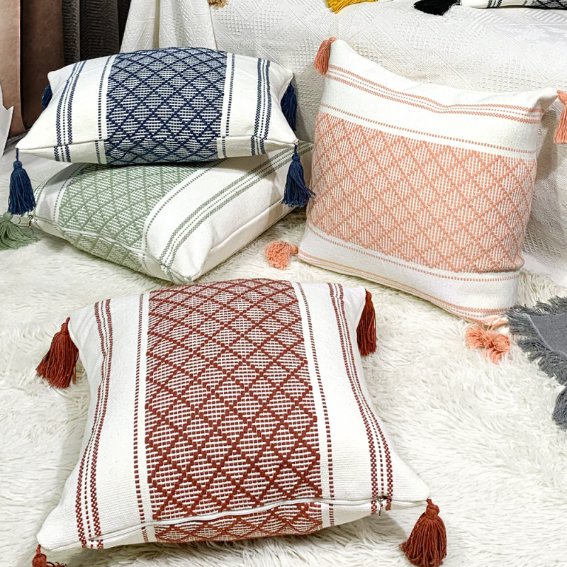 Perna Jacquard cu ciucuri – pătrată, husă din poliester-cotton, umplutură PP, proces personalizabil, stil modern minimalist